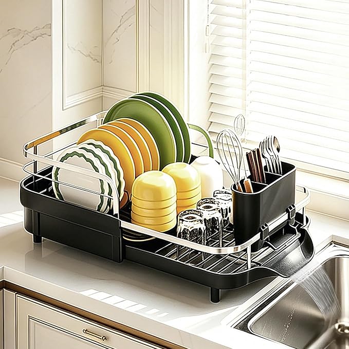 Dish Drying Rack for Kitchen Counter, Expandable Dish Drainer with Drainboard Set and Removable Utensil Holder, Space-Saving Countertop Organizer