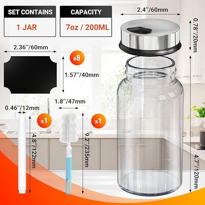 Segarty 7oz Spice Jar with Accessories, 1 Pack 200ml Empty Seasoning Bottle with Shaker Lid for Salt Pepper Sugar Storage, Glass Spices Container with 8 Blank Labels, 1 Cleaning Brush, 1 Chalk Marker