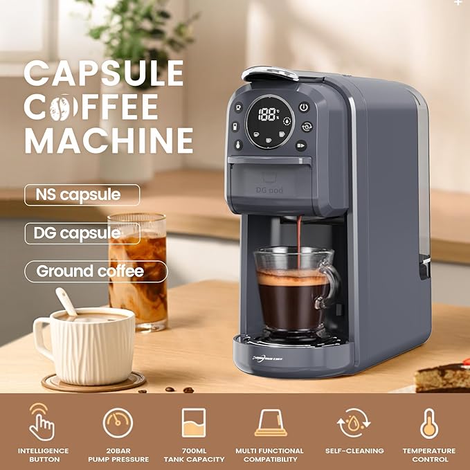 Multi-Capsule Espresso 4in1 Coffee Maker,Single Serve Coffee Machine for Nespresso,Dolce Gusto,ESE Pods & Ground Coffee or Hot Water,Smart & Compact Design in Any Space,20Bar,CM-C05A
