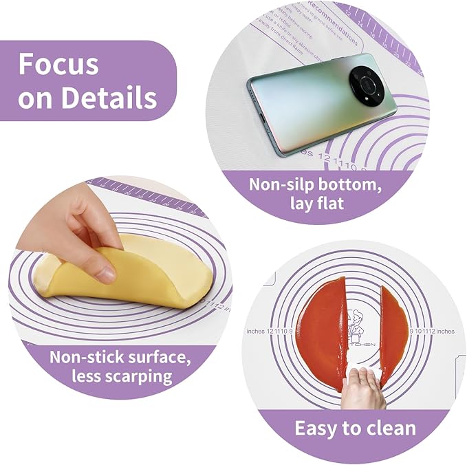Silicone Pastrty Mat for Dough Rolling, Extra Thick Silicone Baking Mat, Fondant Mat for Making Cookies Macarons Bread Pizza Oven Mat, Silicone Mat for Baking Purple 26X16INCH