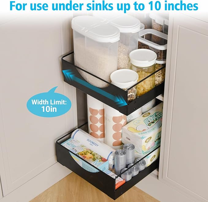 Under Sink Pull Out Organizer, Single-Tier Metal Drawer Slide Out Storage Shelf, No-Drill Nano Adhesive Installation, Fits 16"+ Deep Cabinets for Kitchen Bathroom Pantry Storage