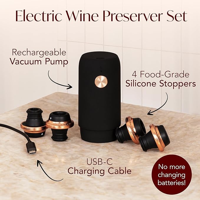 Electric Wine Opener Battery Operated and Electric Wine Preserver with Stoppers Gift Bundle Set (Black & Rose Gold)