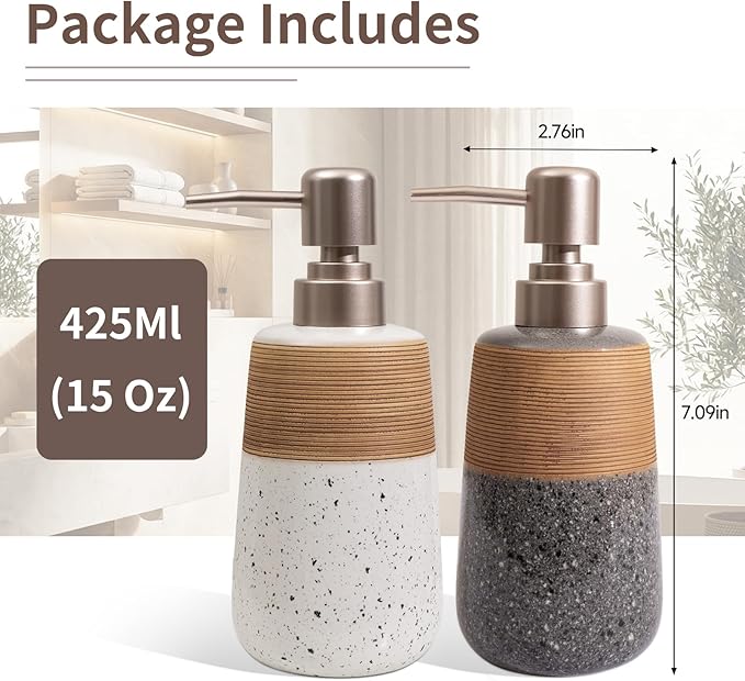 Hand Soap Dispenser, Ceramic Liquid Soap Dispenser for Bathroom Countertop Dish Hand Soap Dispenser for Kitchen Sink, Bathroom Lotion Bottle Dispensers Boho Kitchen Home Decor,15 OZ Grey