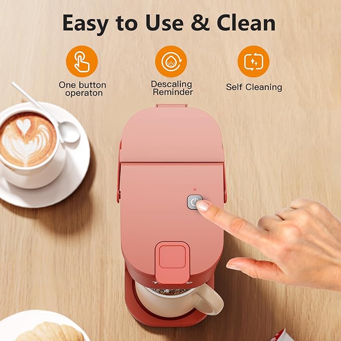 Tastyle Single Serve One Cup Coffee Maker, for K Cups and Grounds, Mini Coffee Maker with Portable Handle, 6 to 12 Oz Brew Size, for Travel, Camping, Office, RV and Dorm, 120V, Salmon Pink