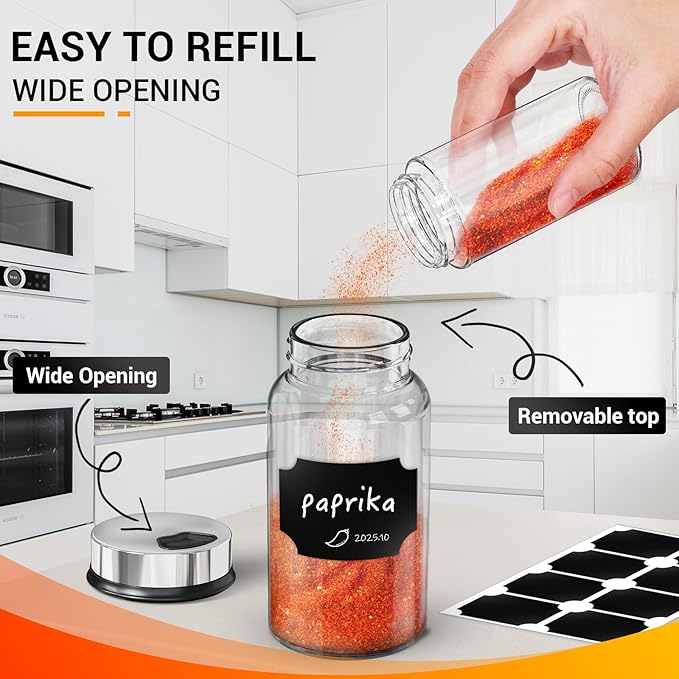 Segarty 7oz Spice Jar with Accessories, 1 Pack 200ml Empty Seasoning Bottle with Shaker Lid for Salt Pepper Sugar Storage, Glass Spices Container with 8 Blank Labels, 1 Cleaning Brush, 1 Chalk Marker