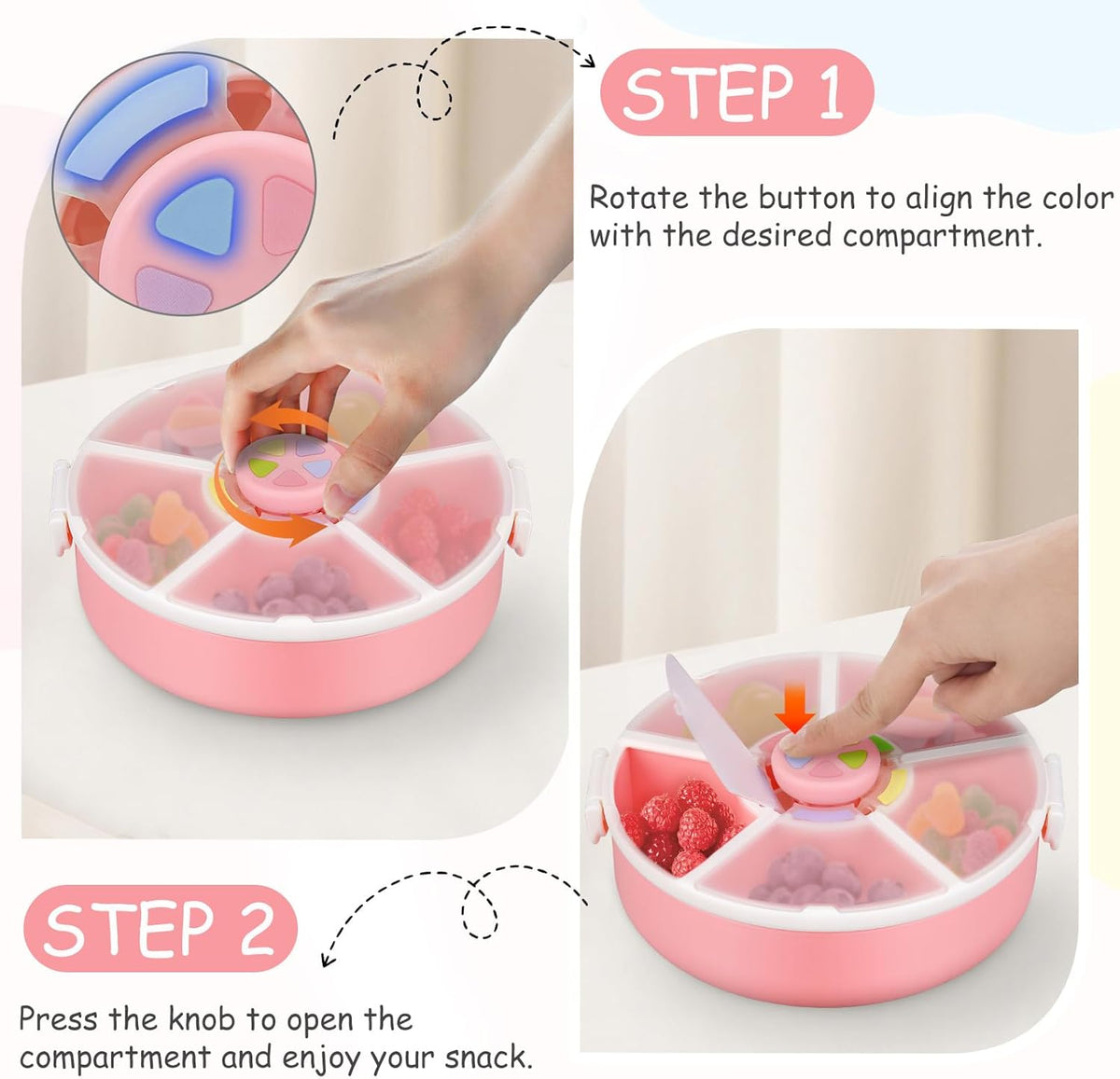 Snack Spinner Set for Kids – 2-Pack, Includes Rotating Snack Container & Classic Sectioned Snack Box, BPA-Free, Dishwasher Safe, Perfect for Travel, Pink