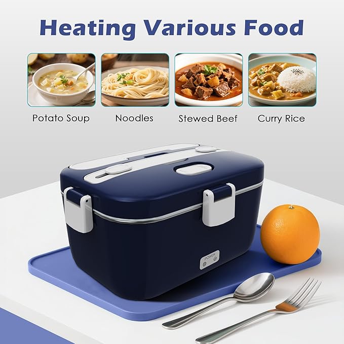 COZYEXPERT 100W Electric Lunch Box Food Heated 12V 24V 110V Fast Food Warmer Heater for Car/Truck/Home Portable Food Heating Boxes with 1.8L 304 SS Container 0.45L Compartment(Royal Blue+White)