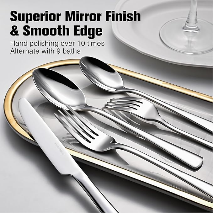 KINGSTONE Silverware Set for 12, 60-Piece Forged 18/10 Stainless Steel Flatware Set, Mirror Finish Cutlery Set Dishwasher Safe for Home, Restaurant, Wedding, Party, Gift