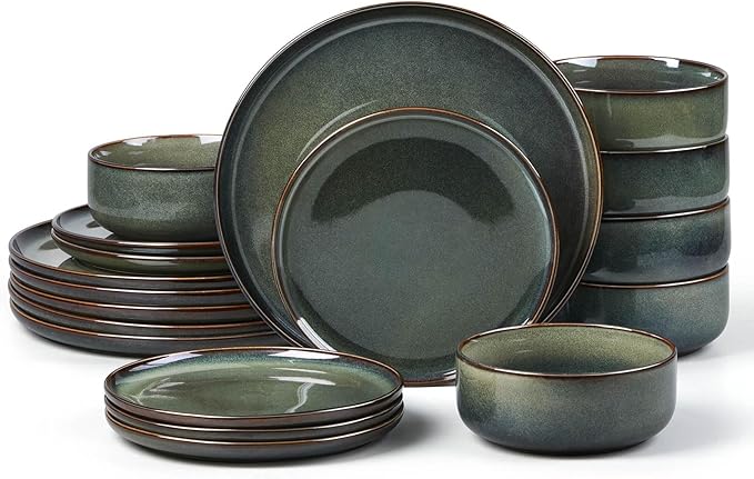 E-far Dinnerware Sets for 6, 18-Piece Stoneware Plates and Bowls Set, Ceramic Dishes Reactive Glaze Dinning Ware, Microwave & Dishwasher Safe - Obsidian Green