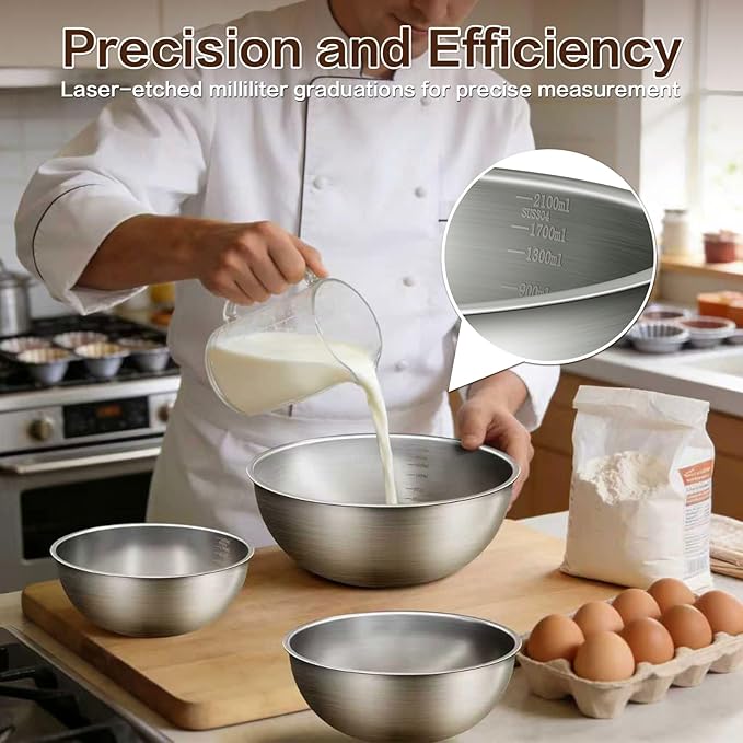 Gronivex Stainless Steel Mixing Bowls Set of 3 (1.5, 2.2, 3.4 Qt) - Food Grade 304, Nesting Design, Dishwasher Safe for Baking, Salad Prep & Cooking