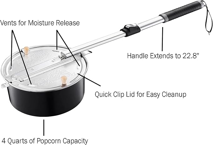 Campfire Popcorn Popper - Old Fashioned Popcorn Maker with Telescoping Handle - Camping Gear by Great Northern Popcorn (Black)