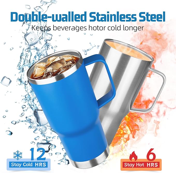 20 oz Tumbler with Handle Stainless Steel Insulated Coffee Mug Tumbler with Lid and Straw Double Wall Vacuum Insulated Coffee Mug Leak Proof Travel Mug Tumbler for Hot and Cold Drink (Sea Blue,1pack)