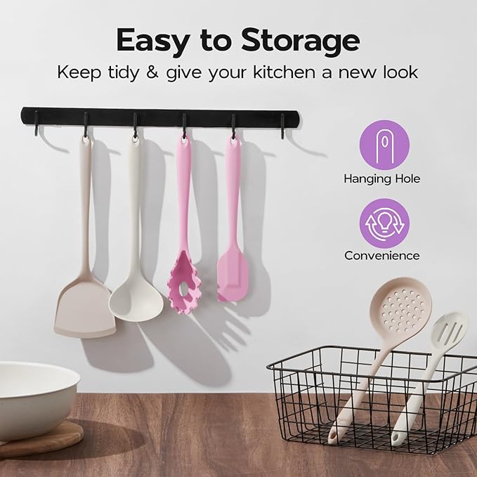 Onader Silicone Cooking Utensils Set, 6 Pcs Kitchen Utensils for Cooking, Heat Resistant Kitchen Gadgets Tools Set for Nonstick Cookware - 3 Mixed Color (Khaki & Pink & White)