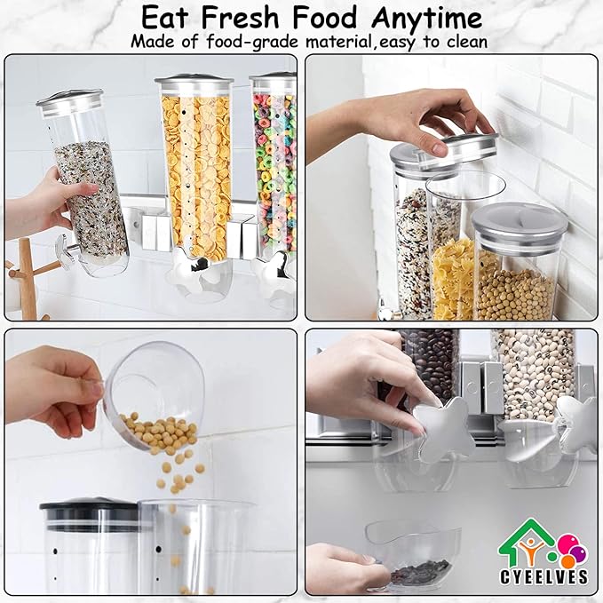 Food Dispenser Wall Mounted Grain Dispenser, Cereal Dispenser with Cup, Dry Food Dispenser Wall Mounted Triple Cereal Dispenser, Candy Dispenser Grain Dispenser for Kitchen Store Nut Coffee Beans 4.5L