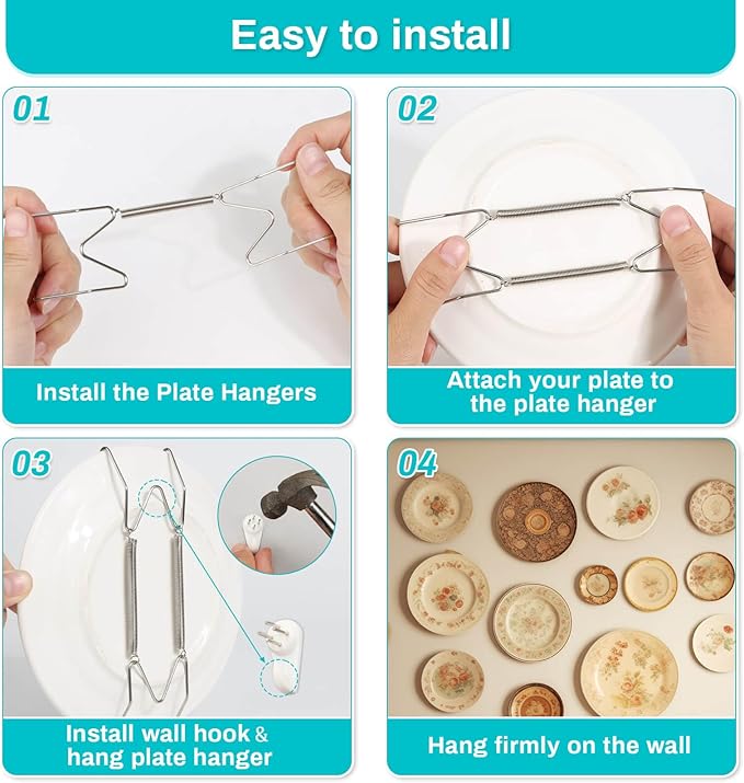 14 pcs Plate Hangers for The Wall, 4/6/8/10/12 Inch Invisible Decorative Wall Plate Hangers, Stainless Steel Plates Walls Hanger for Display Various Sizes with Hooks for Decorative