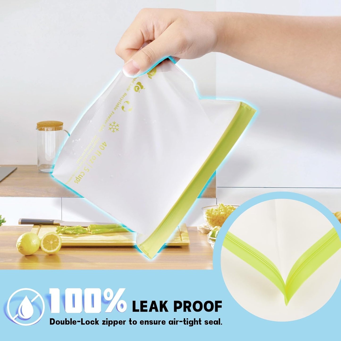 24 Pack Reusable Food Storage Bags,Leakproof Freezer Bags BPA Free Stand Up Sandwich Bags for Lunch Salad Fruit Travel,Dishwasher Safe(8 Gallon,8 Sandwich,8 Snack)