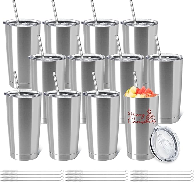 YOUKE OLA 12 Pack Insulated Coffee Tumbler Stainless Steel Double Wall Vacuum Travel Tumbler Cup with Lid and Straw for DIY Gift, Silver 20oz