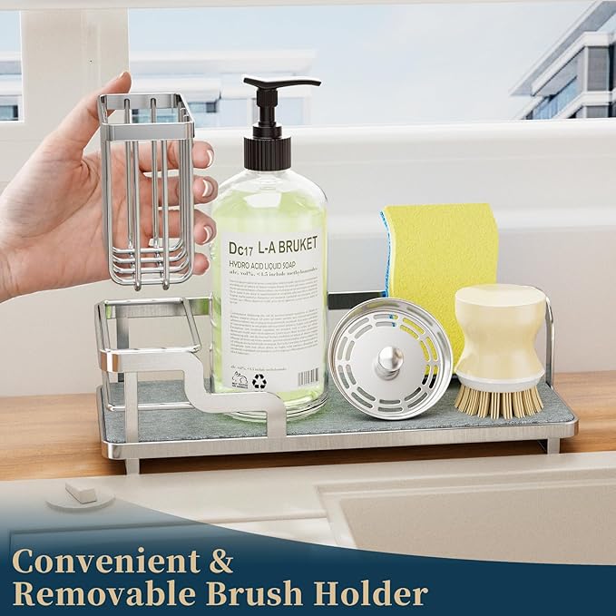 Consumest Sponge Holder for Kitchen Sink - Sink Caddy Organizer with Water Absorbing Stone Tray, Detachable Brush Holder, Stainless Steel Kitchen Counter Organizer Rack, Silver