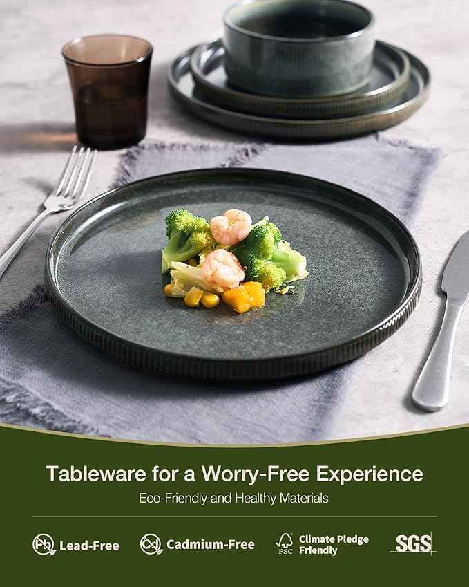 Famiware Star Stoneware Dinnerware Sets for 4 (16pcs), Chip and Scratch Resistant, Microwave & Dishwasher Safe Complete Dishes, Pasta Bowl, Cereal Bowl, Dinner Plate, Salad Plate, Ribbed, Deep Forest