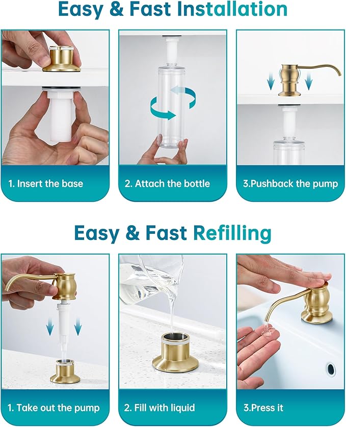 Built in Deck Mount Liquid Lotion Kitchen Countertop Metal Soap Dispenser, Brushed Gold Brass Dispenser Pump with 500ml (17oz) High Capacity Bottle