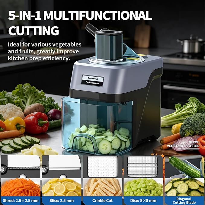 BLEOU 5-in-1 Electric Vegetable Chopper, 330LBS/H Commercial Food Processor Veggie Dicer Slicer with Magnetic Safety Lid, Non-Slip Base & Stainless Steel Blades for Restaurant Home Kitchen