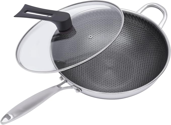 Wok Pan with Lid - 12 Nonstick Wok, Flat Bottom Chinese wok for Electric, Induction and Gas Stoves