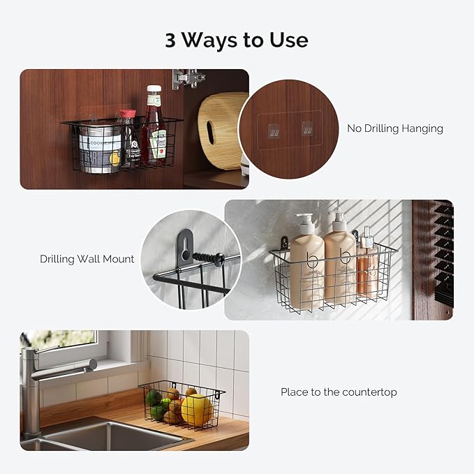 MaraFansie Hanging Kitchen Baskets Wire Storage Basket Adhesive and Screws Basket Over the Cabinet Door Organizer with Adhesive Strips and Screws Accessories, 2 Installations, 4 Pack, Black