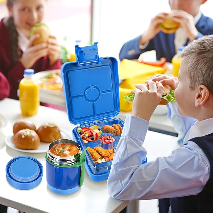 Pawtong Bento Lunch Box Set With 10oz Soup Thermo, Leak-proof Lunch Containers with 4 Compartment, Kids Hot Thermo Food Jar/Insulation Lunch Bag, Food Containers for School （Blue）