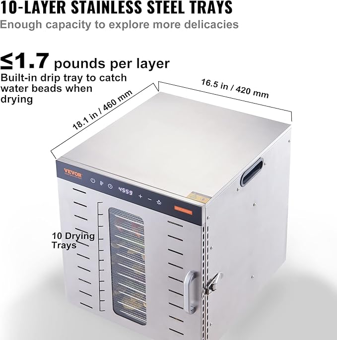 VEVOR Food Dehydrator, 10 Trays Stainless Steel Food Dehydrator Machine, 1000W Dehydrators with Digital Adjustable Timer & Temp, Dehydrator for Jerky Herb Meat Beef Fruit Dog Treats and Vegetables