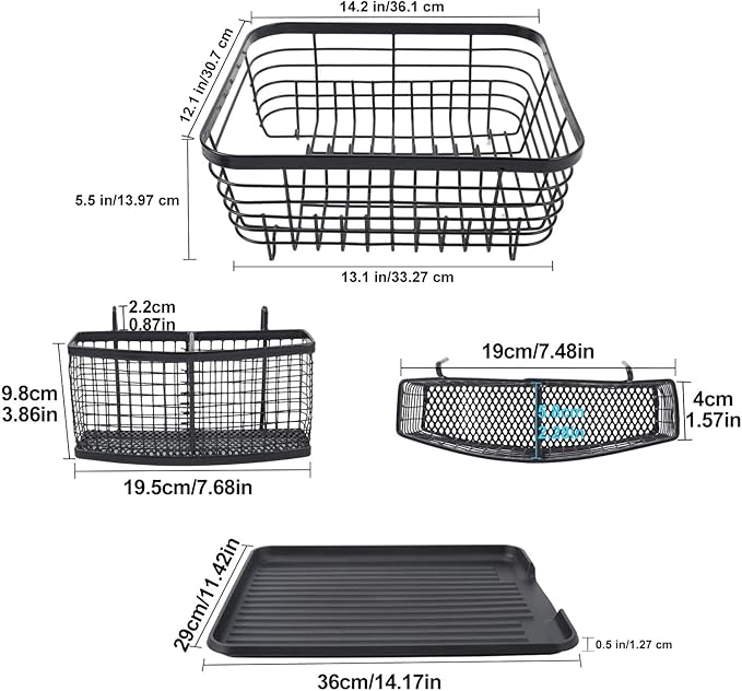 TQVAI Kitchen Dish Drainer Rack with Drying Board and Full-Mesh Silverware Utensils Holder, Black