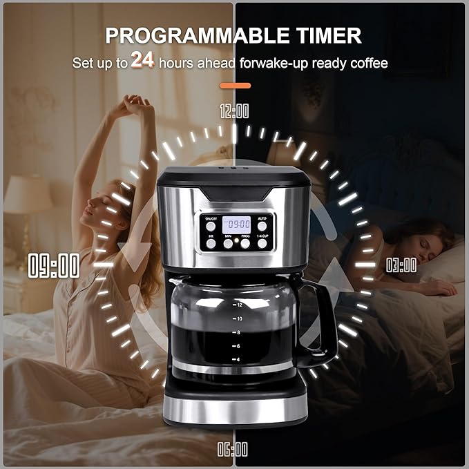Programmable Coffee Maker 12 Cup Brew & Drip coffee machine, Fully Automatic, 1-4 Cup Setting, Stainless Steel,Keep- Warm Function, Household, Home and Office,Black