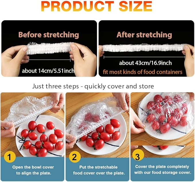 200PCS Plastic Elastic Bowl Covers Reusable,Food Storage Covers with Elastic Bowl Covers for Leftover, Plastic Covers for Bowls Fresh Keeping Bags for Family Outdoor Picnic (Thicken)