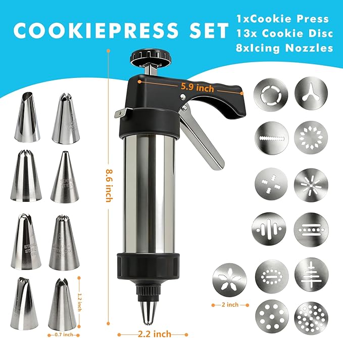 Stainless Steel Cookies Press,Cookie Press Gun Kit with 13 Cookie Discs and 8 Piping Tips for DIY Various Cookies Maker
