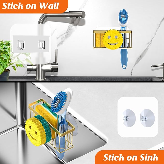 Sponge Holder Smiley Face, Sink Caddy for kitchen Sink, Kitchen Organizer Sponge Holder with 2 PCS Suction Cups/1 PCS Adhesive Strips, Designed for Sponge, Soap, Dish brush, Scrubber-Gold