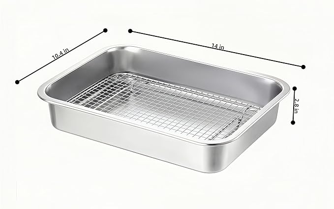 Stainless Steel Sturdy Roasting Pan with Cooling Rack – Oven, Toaster & Grill Safe, Deep Edge, Smooth Finish, Dishwasher Safe – Perfect for Turkey, Chicken, BBQ (14x10.4x2.8in)