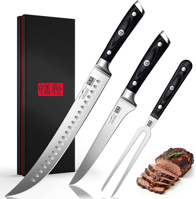 SHAN ZU 3Pcs BBQ Carving Knife Set with Sheath – for Turkey, Meat, BBQ, Brisket, Razor Sharp Slicing Knife, Professional 5Cr15MoV Stainless Steel, Ergonomic Full Tang Wood Handle, Gift Box Included