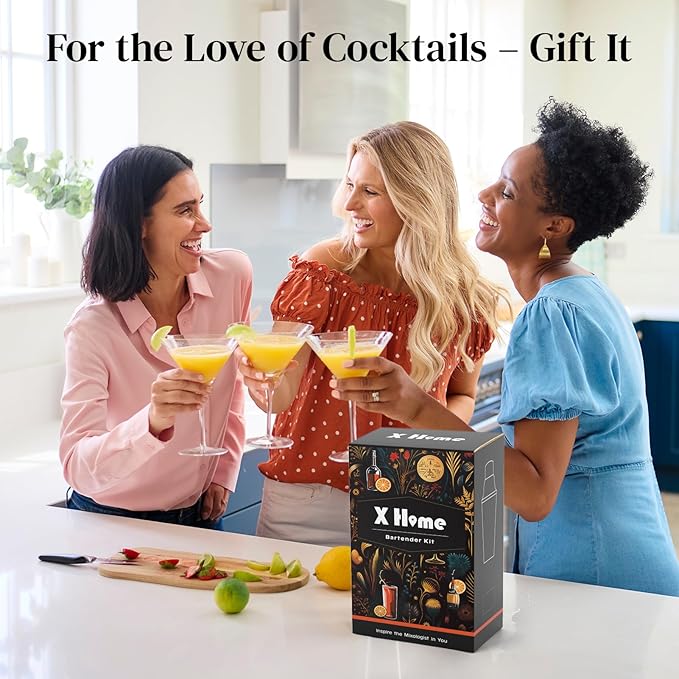 X Home Bartender Kit with Stand, Cocktail Shaker Set for Enthusiasts and Beginners | Includes Martini Shaker, Easy-to-Measure Jigger, Hawthorne Strainer, Mixing Spoon and More, Bartender Kit Gifts