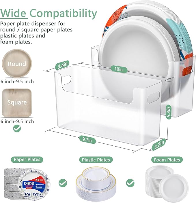 3Pcs Paper Plate Dispenser for 6-9.5 Inch Disposable Plates, Space-Saving Plastic, Foam and Paper Plate Storage Organizer for Cabinet, Countertop, RV or Outdoor (Transparent)