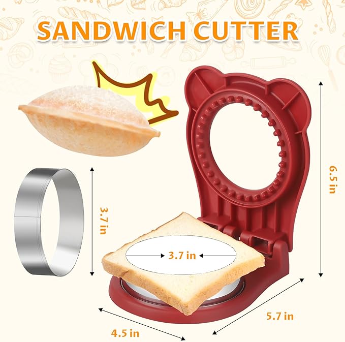 CHICHAUS Uncrustable Sandwich Maker,Sandwiches Pocket Circle Shape 3.7Inch Sandwich Cutter and Sealer,Sandwich Cutter for Kids Breakfast and lunchboxes (Red)