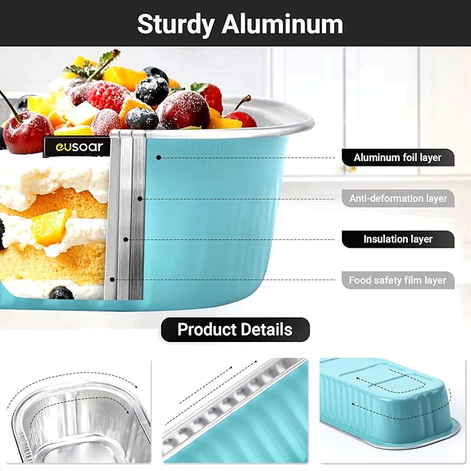 EUSOAR Disposable Ramekins with Lids, 100pcs 6.8oz 6.5"x2.5"x1.2" Blue Aluminum Foil Tin Baking Cups, Cupcake Dessert Cups Cheesecake Creme Brulee Mini Loaf Pans for Picnic Wedding Party Gathering