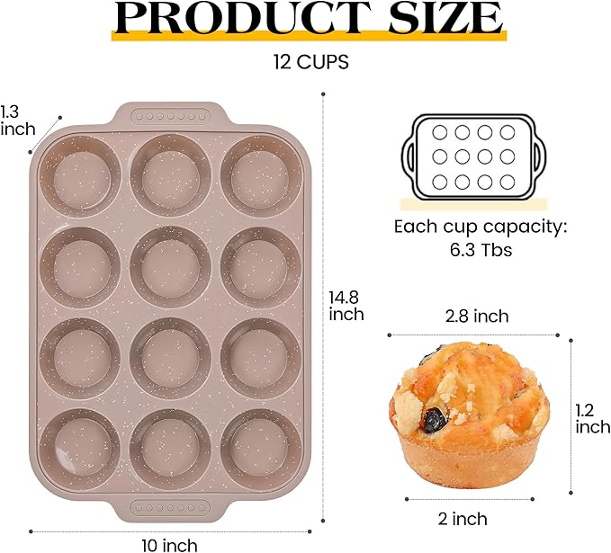 2 Pcs Silicone Muffin Pans for Baking with Metal Reinforced Frame, Nonstick Cupcake Tray for Oven, 12 Cups Regular Size Silicone Molds for Egg Bites, Dishwasher Safe (Brown, Cream)