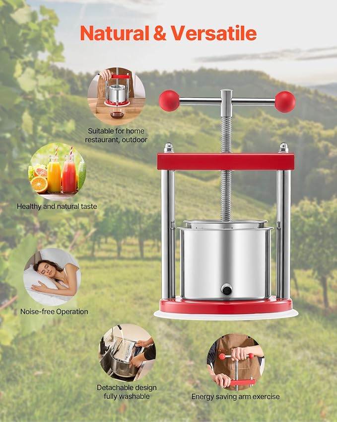 VEVOR 0.44 Gal/1.65L Fruit Wine Press, 2 Stainless Steel Barrels, Manual Juice Maker, Cider Apple Grape Tincture Honey Olive Oil Making Press with T-Handle for Outdoor Kitchen Home