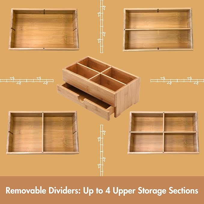 GOBAM Bamboo Makeup Organizer and Storage with Drawer, Wooden Cosmetic Organizer Countertop for Bathroom, Bedroom, Kitchen & Dresser, Desk Organizer with Drawers and Make up Vanity Station - Medium
