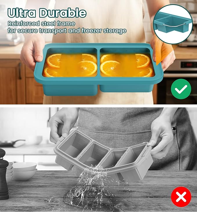DOQAUS Silicone Freezer Molds, Reinforced Steel Frame 2-Cup Ice Cube Trays with Lid, 2-Cavity BPA-Free Soup Containers for Meal Prep, Kitchen