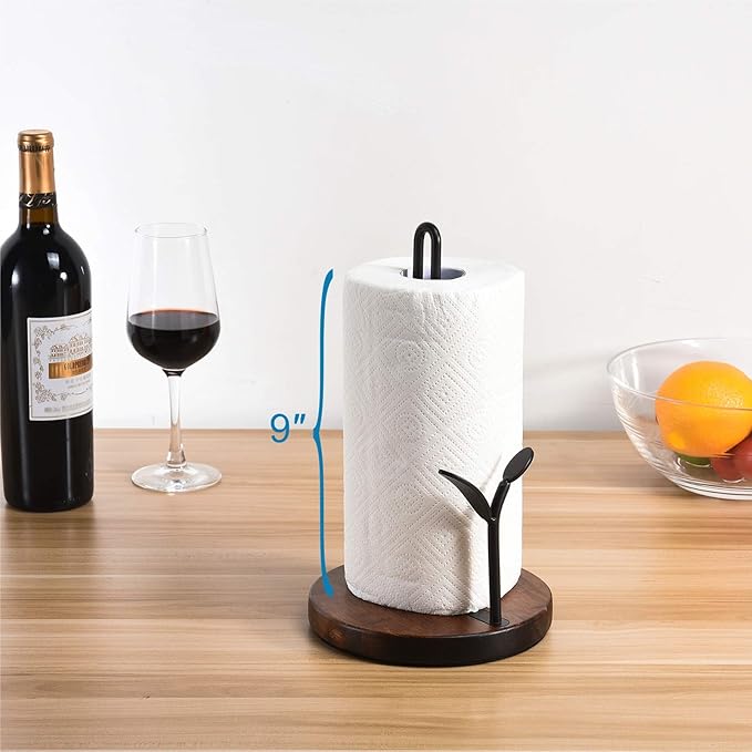 Standing Paper Towel Holder, Kitchen Paper Hanger Rack, Simply Tear Wooden Paper Towel Organizer Roll Dispenser for Cabinet Countertop Dining Room Table, Black