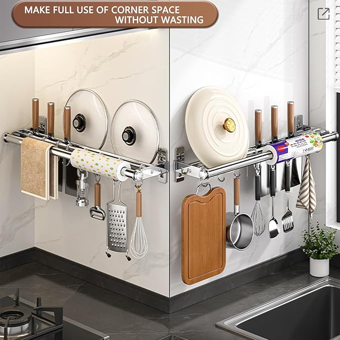 Hanging Wall Mount knife Wall Mount, Kitchen Organizer Storage Shelf for Utensils Spatula Spoon, Space-Saving Knife Rack with Hooks,Wall-Mounted Utensil Holder (Silver, 50CM+Three Poles+8Hooks)