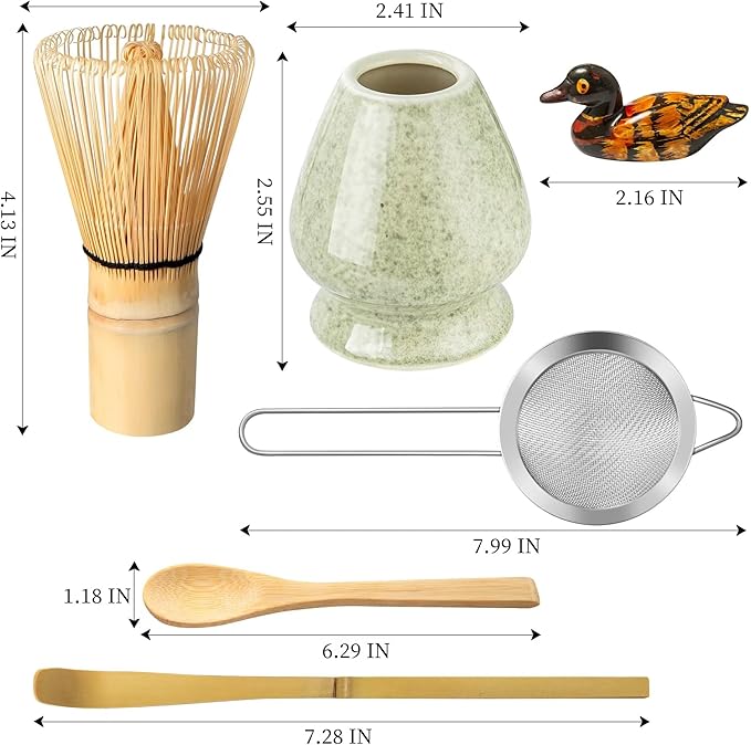 Matcha Whisk Set, Matcha Making Kit Whisk (Chasen Holder), Ceramic Whisk Holder (Mottled Green), Bamboo Scoop, Powder Starter Sifter, Spoon Japanese Tea Tools For Ceremony Gift