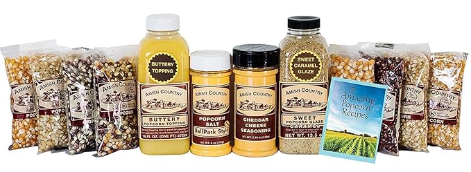 Amish Country Popcorn | 8-4 Ounce Variety Gift Set with Buttery Topping, Sweet Caramel Glaze, Ballpark Salt & Cheddar Cheese Seasoning | Old Fashioned, GMO Free and Gluten Free