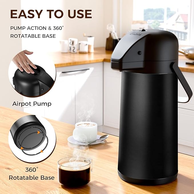 Coffee Carafe for Keeping Hot - Gezoss 102OZ / 3L Airpot Coffee Dispenser with Pump - Large Coffee Carafe for Hot Drinks Tea Liquid - Insulated Stainless Steel Hot Water Beverage for Parties,Black