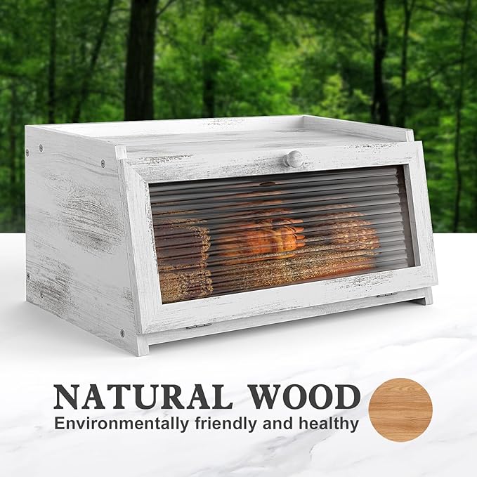 LOHASOK Bread Box for Kitchen Countertop Large Farmhouse Bread Container Bread Storage with Window Wooden Bread Holder